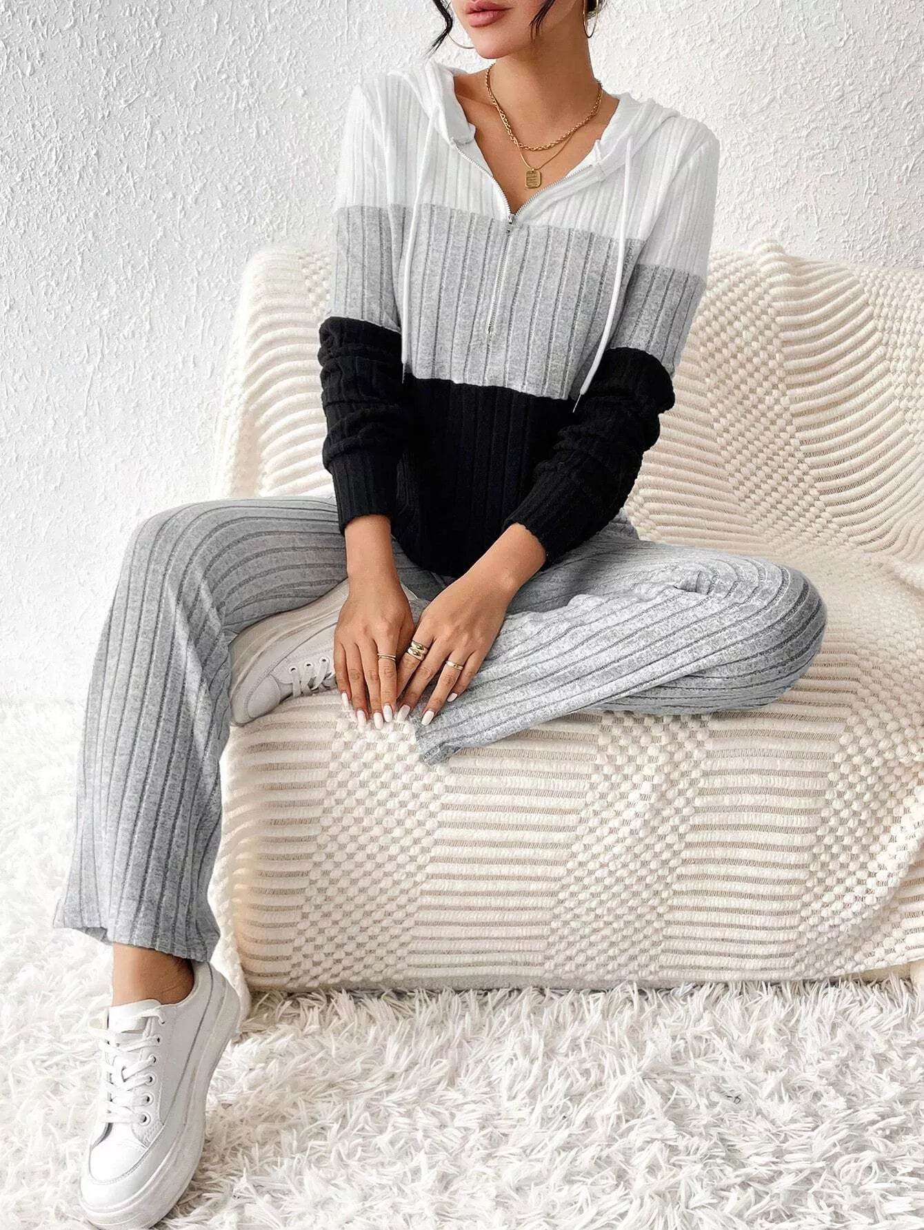 Trendsi Hooded Top and Pants Set in Gray and Black with Ribbed Texture for Comfortable Casual Wear
