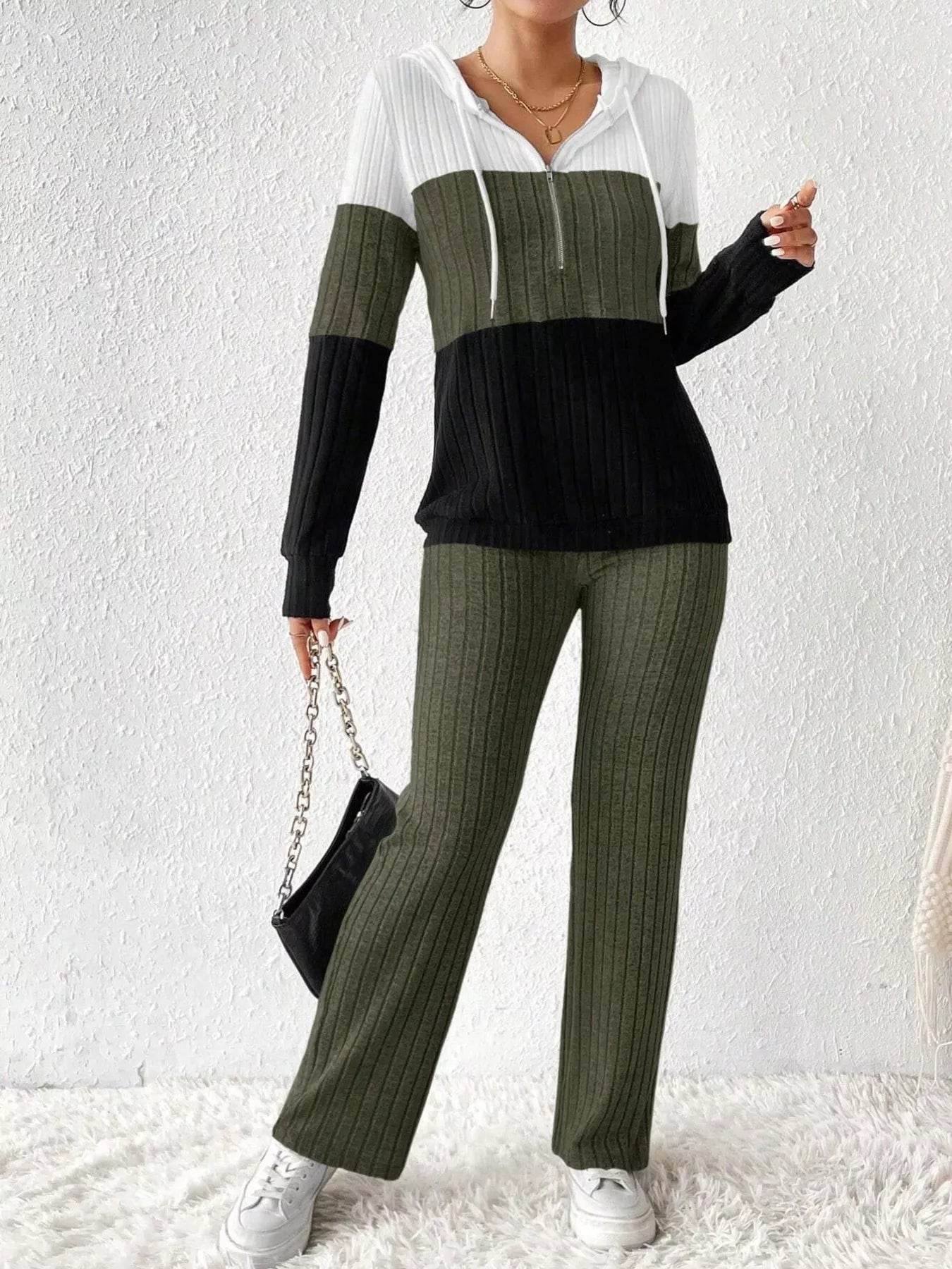 Trendsi Hooded Top and Pants Set in Black, White, and Olive Green with Ribbed Fabric