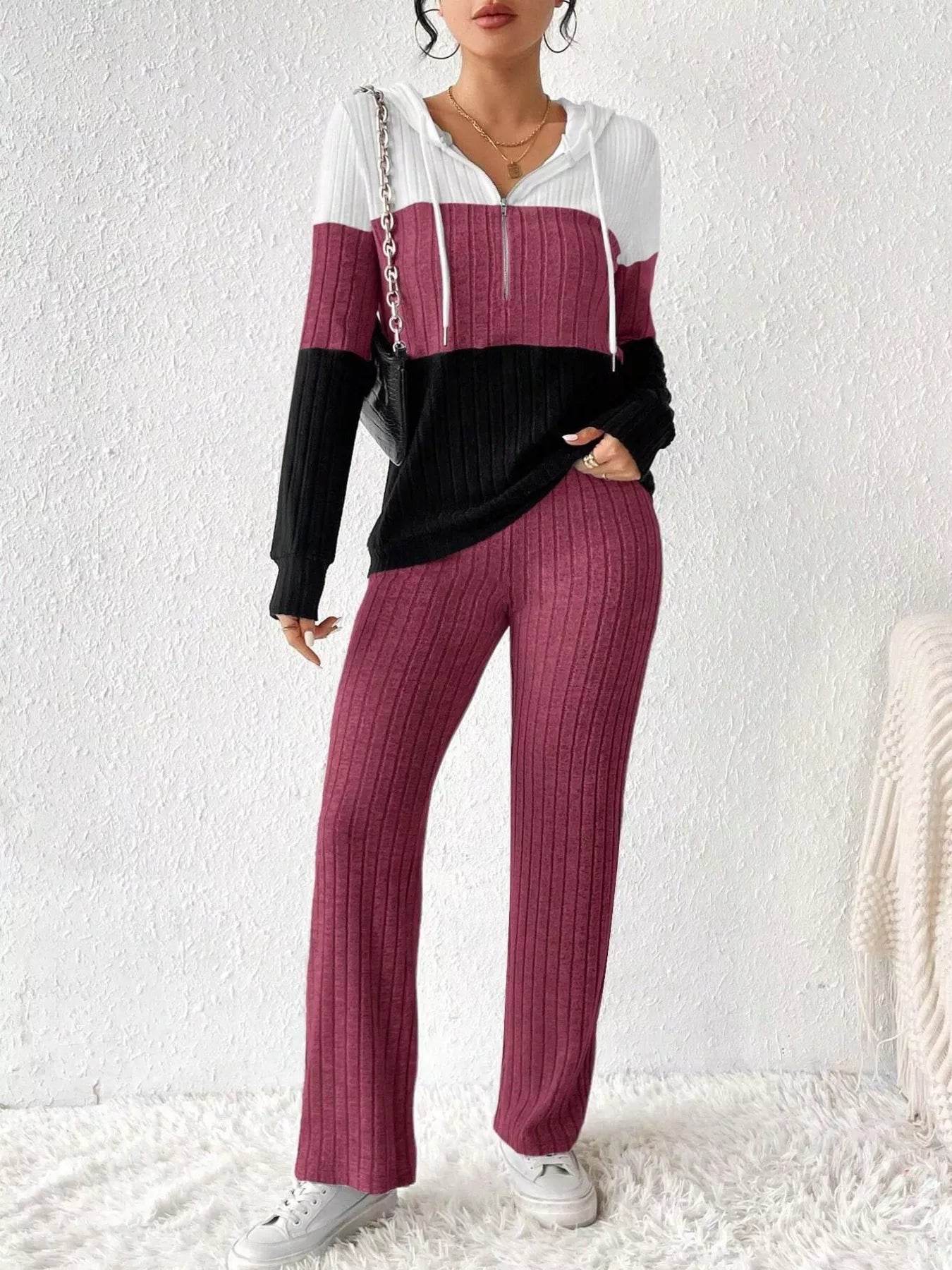 Trendsi Hooded Top and Pants Set in Color Block Design with Ribbed Fabric and Comfortable Fit