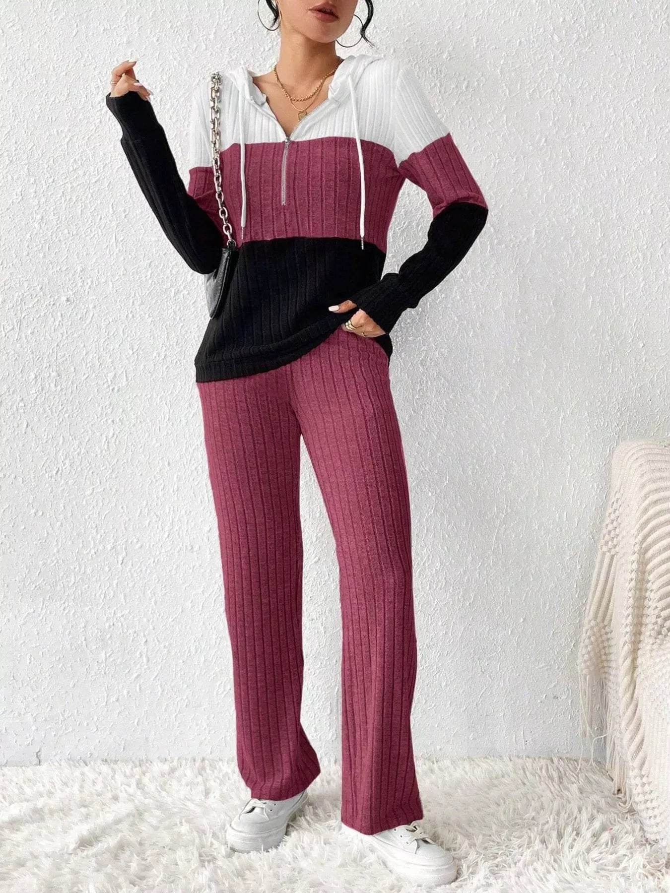 Stylish Hooded Top and Pants Set in Color Block Design Perfect for Casual Outings