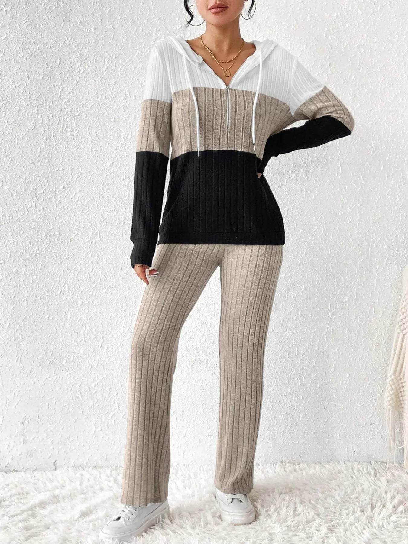 Trendsi Hooded Top and Pants Set in Black, White, and Beige with Ribbed Fabric for Casual Style