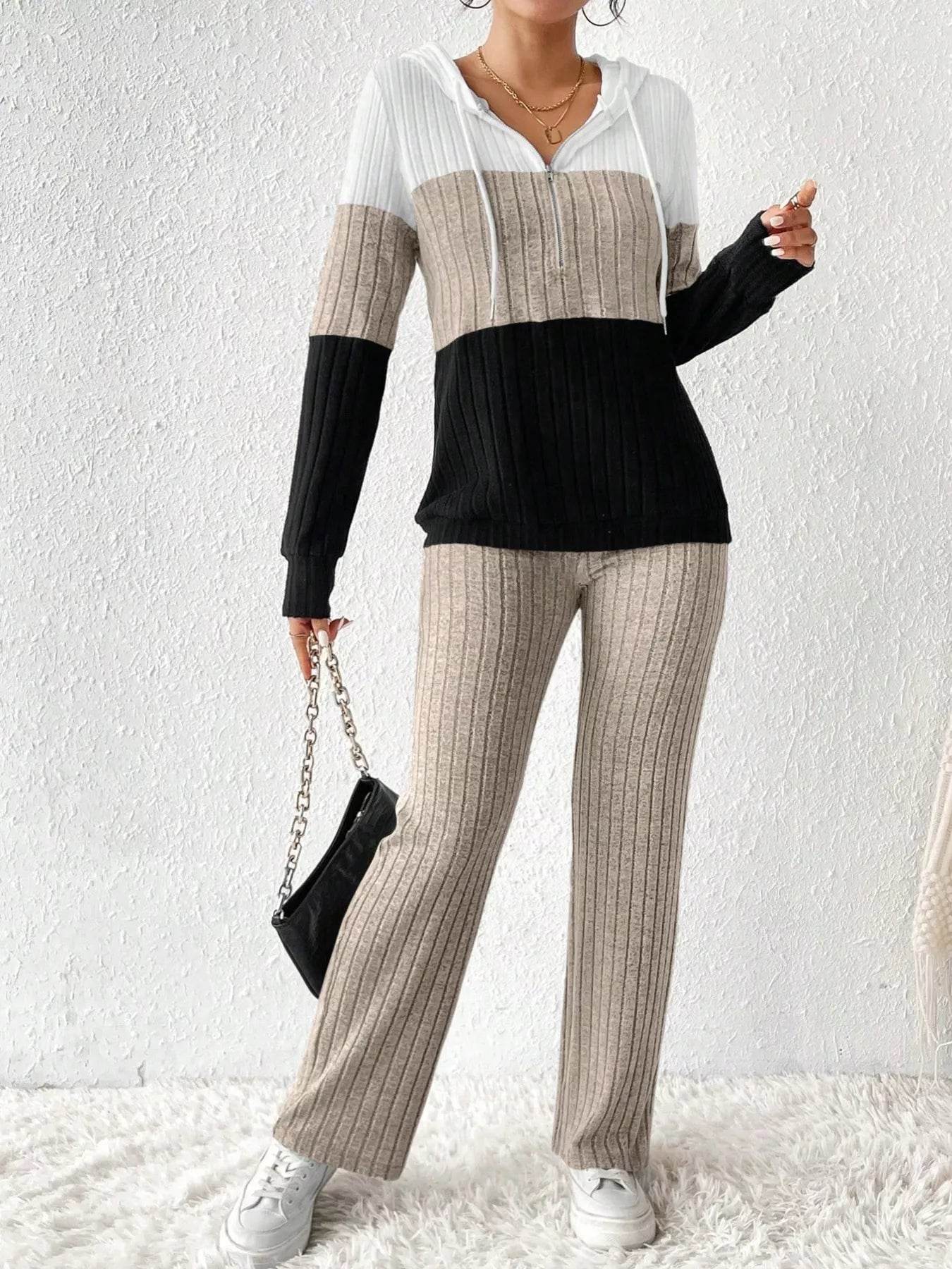 Trendsi Hooded Top and Pants Set in a stylish color block design, perfect for casual outings