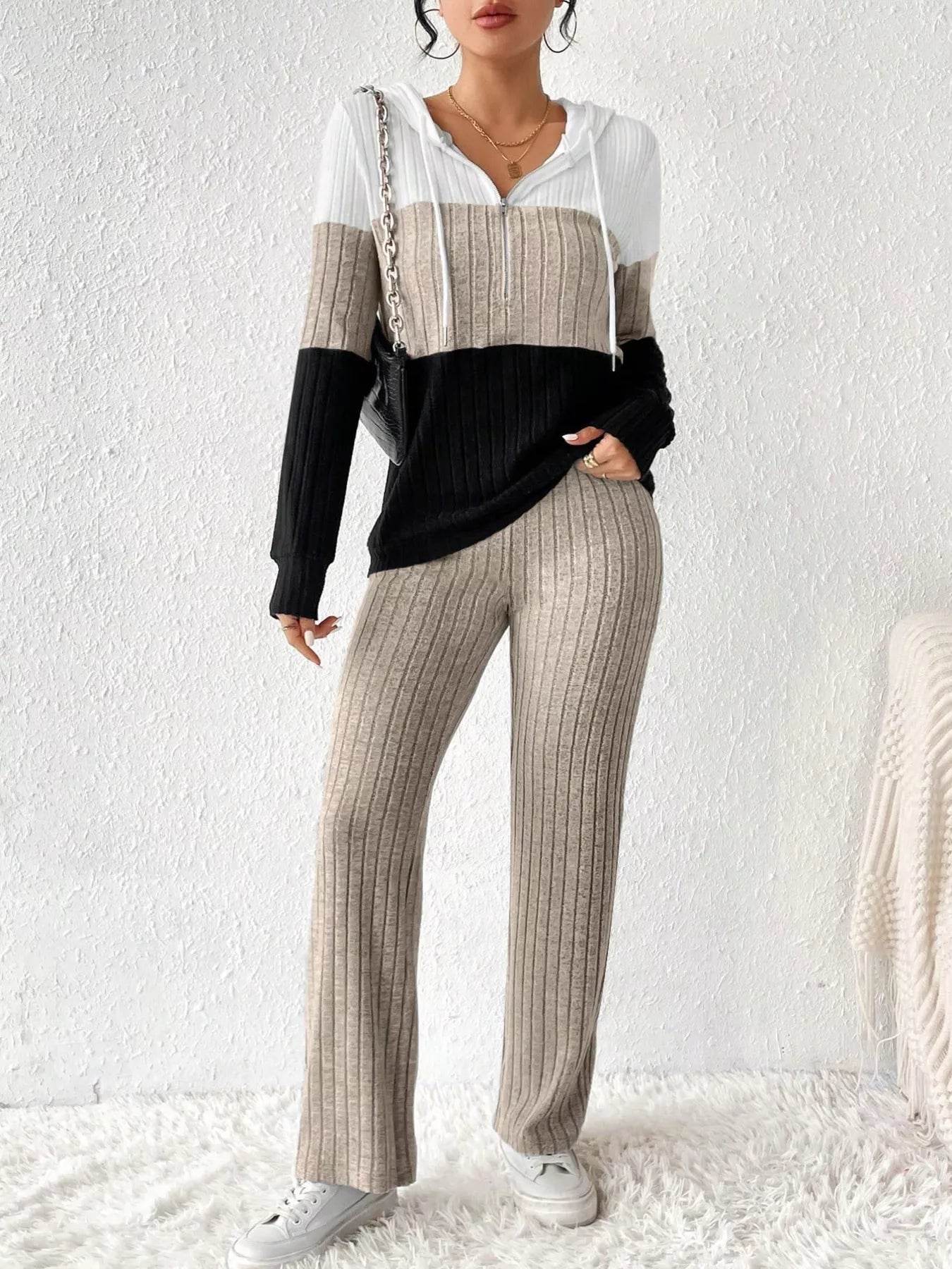 Trendsi Hooded Top and Pants Set in Black, White, and Beige featuring a stylish ribbed design