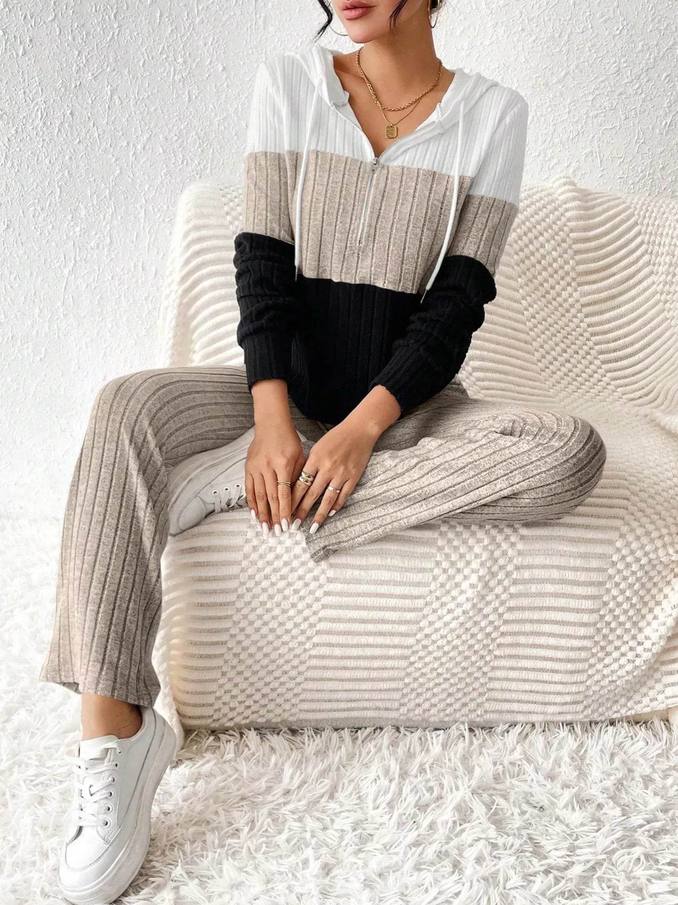 Trendsi Hooded Top and Pants Set in stylish color block design, perfect for casual outings