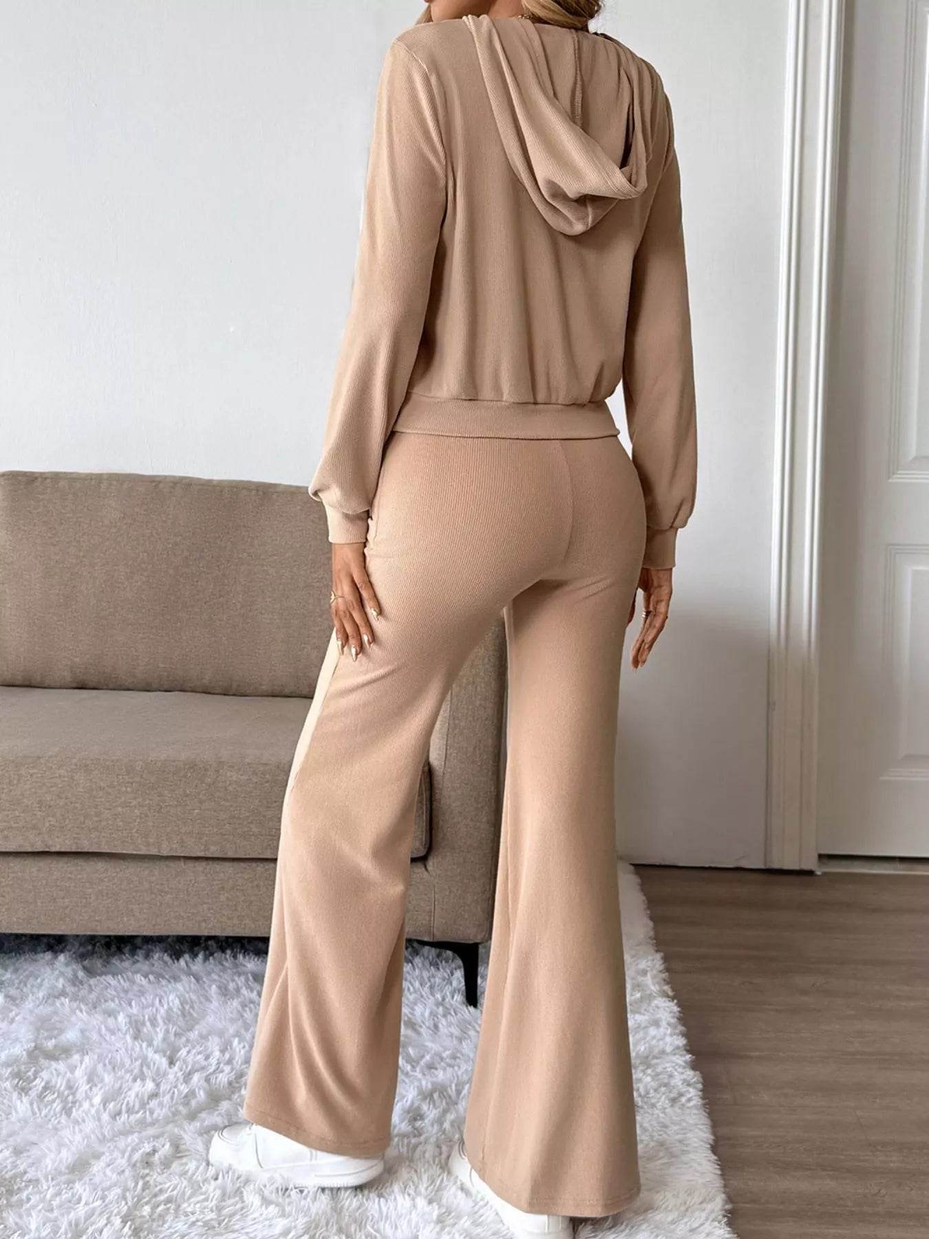Trendsi Beige Hoodie and Pants Set with Flared Legs for a Comfortable and Stylish Look