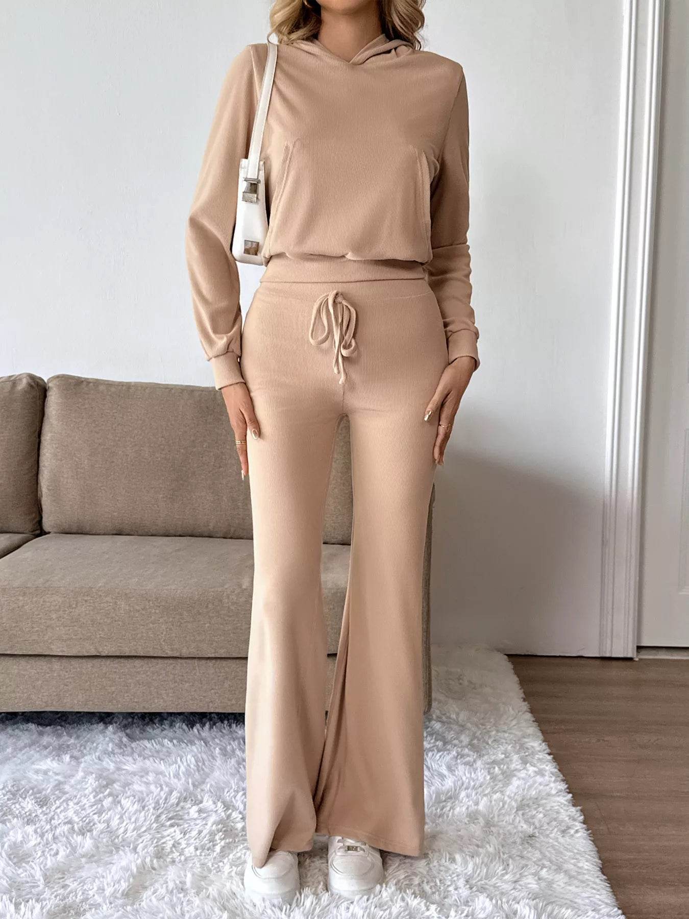 Trendsi Hoodie and Pants Set in Beige, featuring a stylish cropped hoodie and flared pants for a chic look