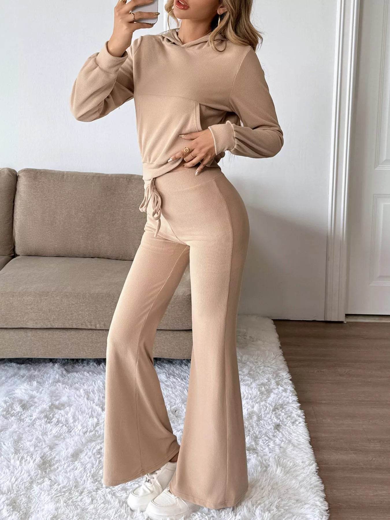 Trendsi Beige Hoodie and Pants Set with Flared Legs for a Comfortable Casual Look