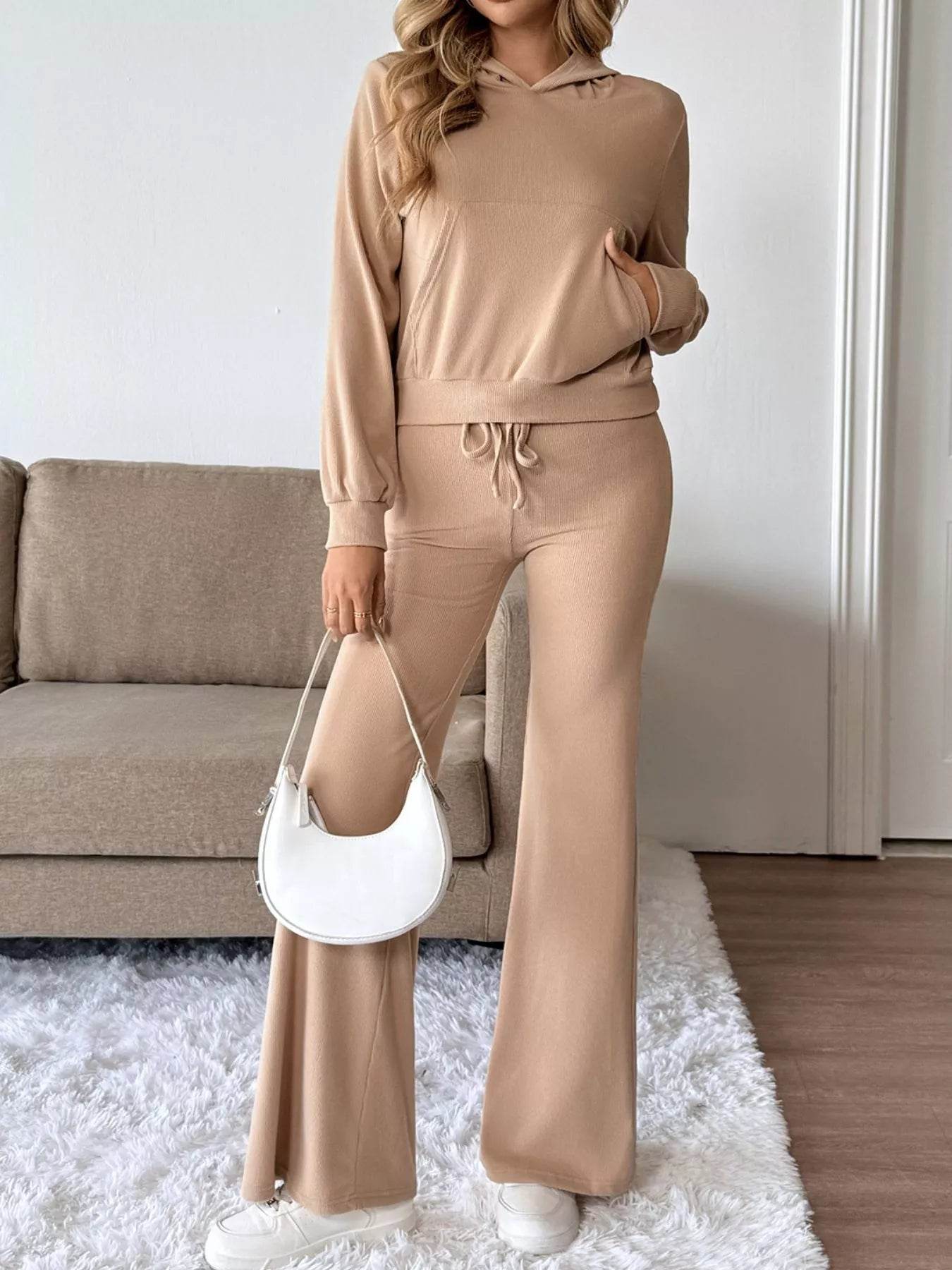 Trendsi Beige Hoodie and Pants Set for Comfortable Casual Wear with Flared Pants