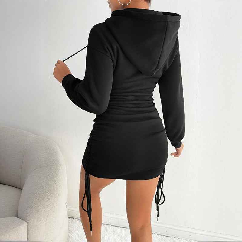 Black Hoodie Mini Dress with Adjustable Drawstrings for a Stylish and Comfortable Look