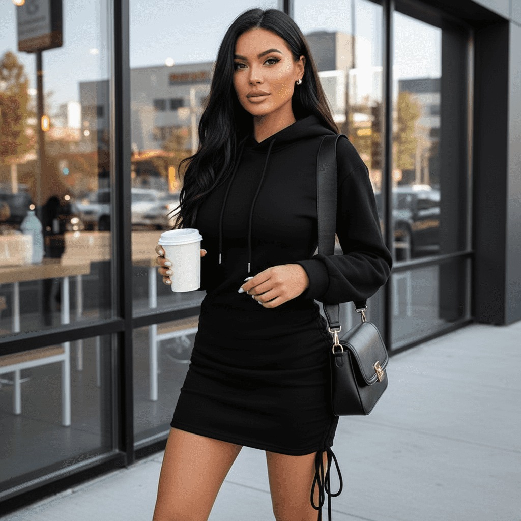 Stylish black Hoodie Mini Dress with adjustable drawstrings and casual look for trendy outfits