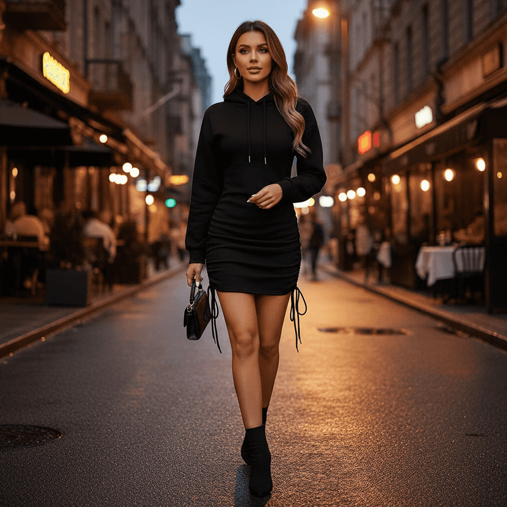 Stylish black Hoodie Mini Dress with drawstring details, perfect for casual outings or nightlife