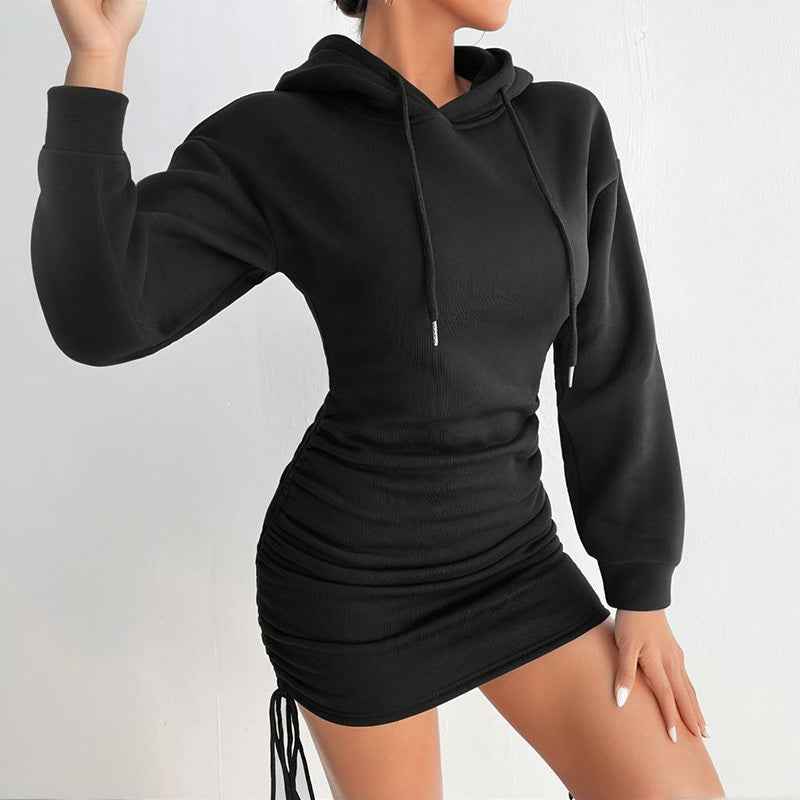Black Hoodie Mini Dress with Adjustable Sides for a Stylish and Comfortable Look