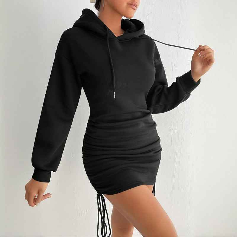 Stylish black Hoodie Mini Dress with adjustable drawstring sides for a trendy look