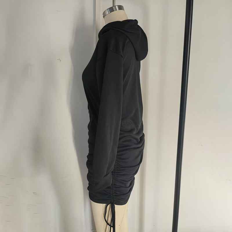 Black Hoodie Mini Dress with Side Ruching and Adjustable Drawstrings for a Stylish Look