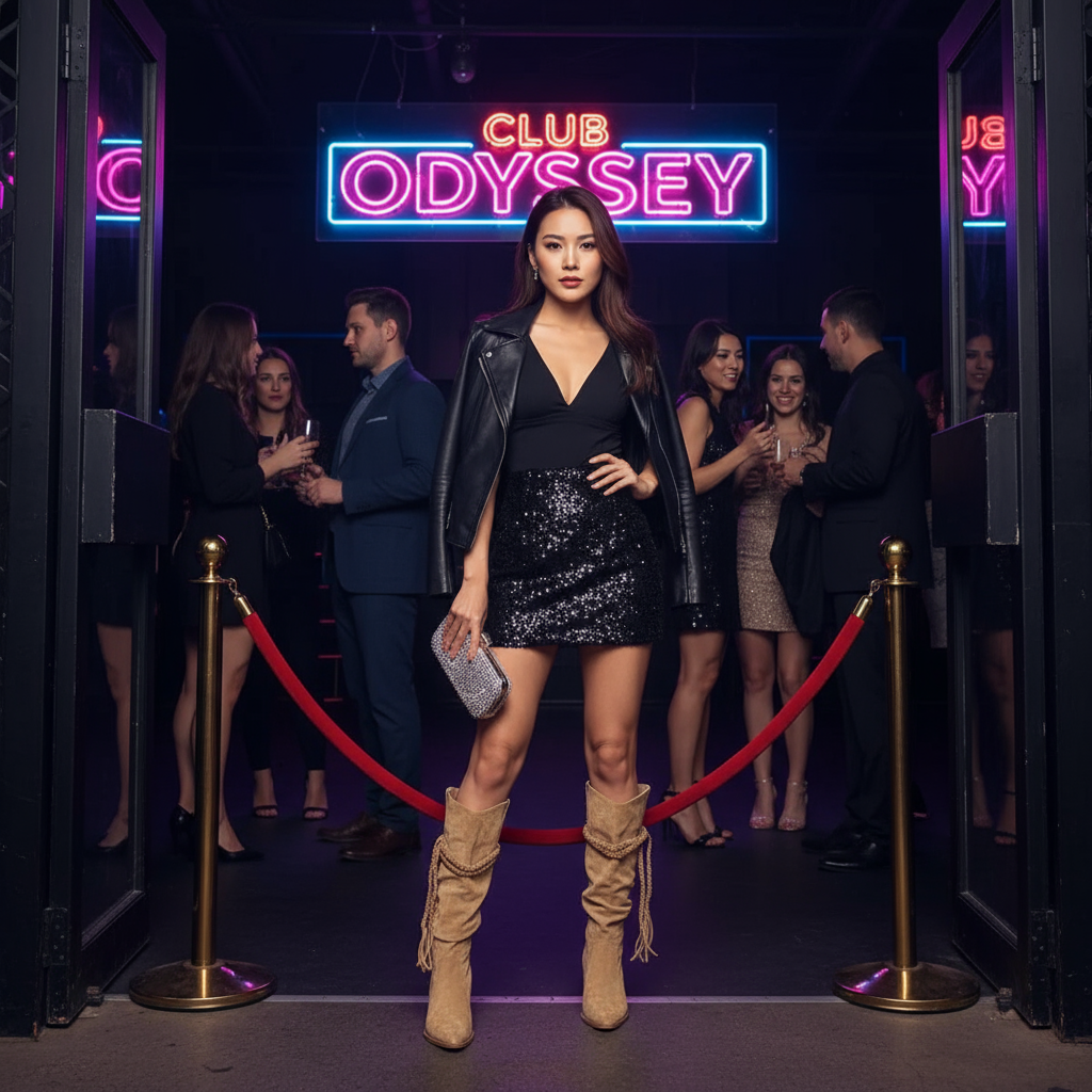 Hot Asian woman in tan suede boots and mini skirt at nightclub - full body