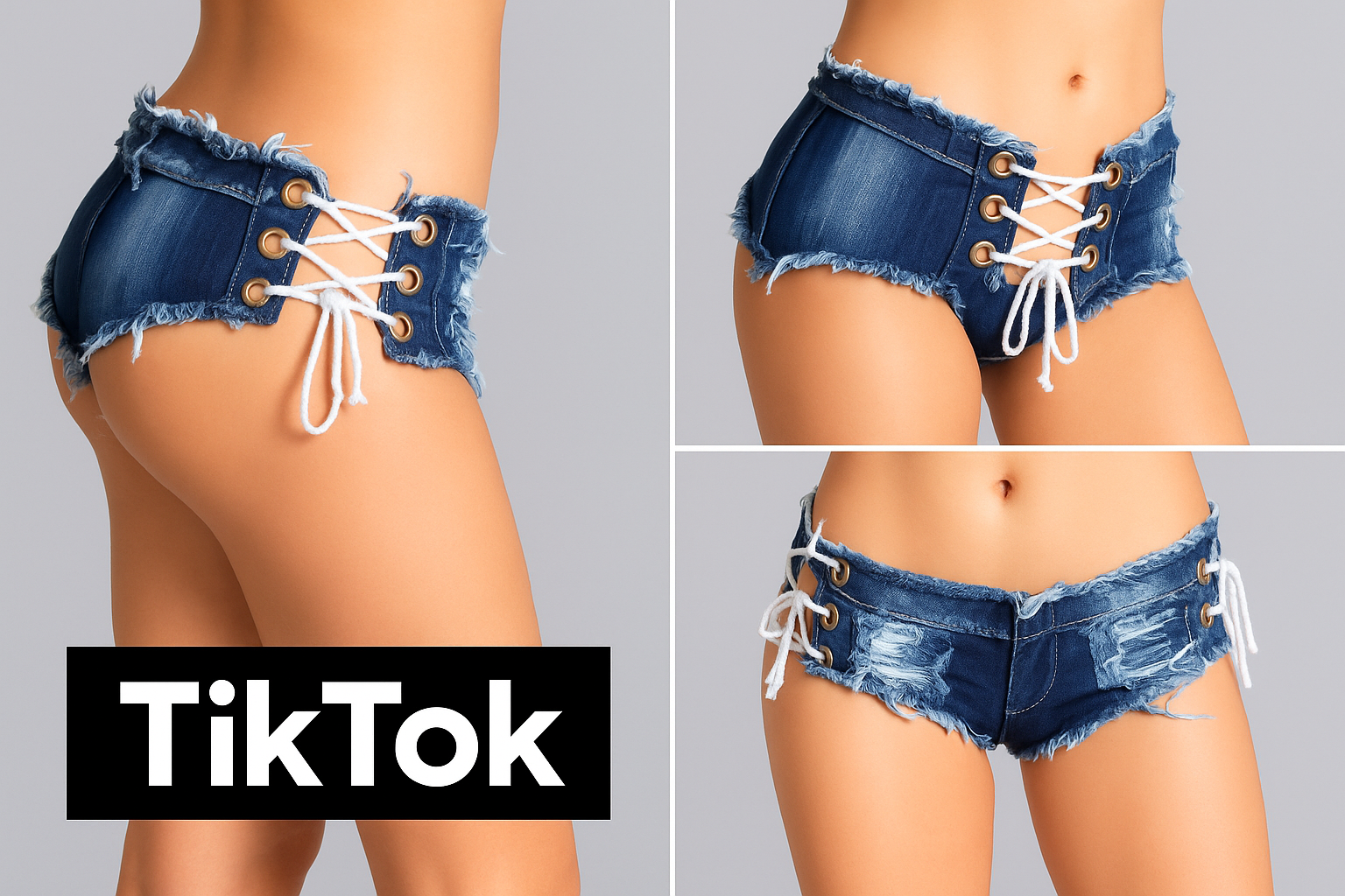 Three-view collage of actual lace-up shorts for TikTok
