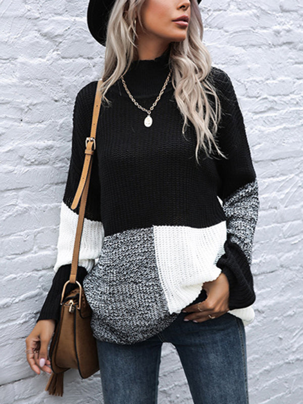 Color Block Loose Fit Turtleneck Knitted Sweater