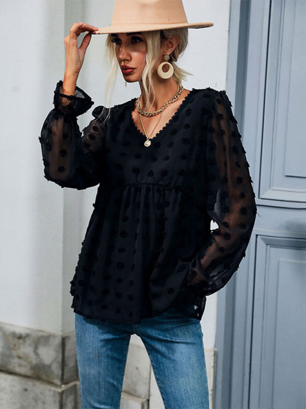 Thin Loose V-Neck Long Sleeve Black Shirt
