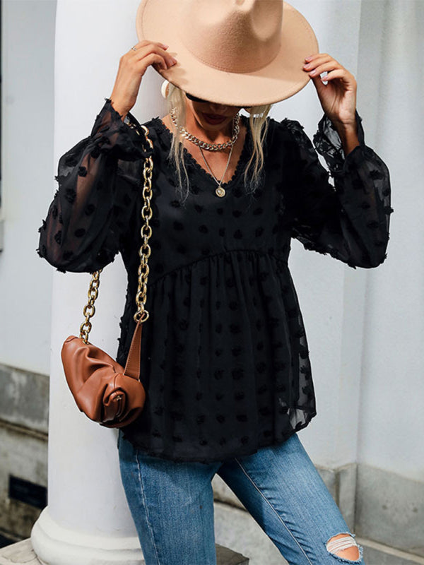 Thin Loose V-Neck Long Sleeve Black Shirt