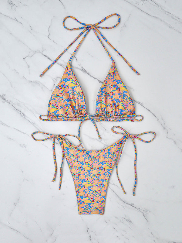Small Floral Lace-up Pink Bikini Swimsuit