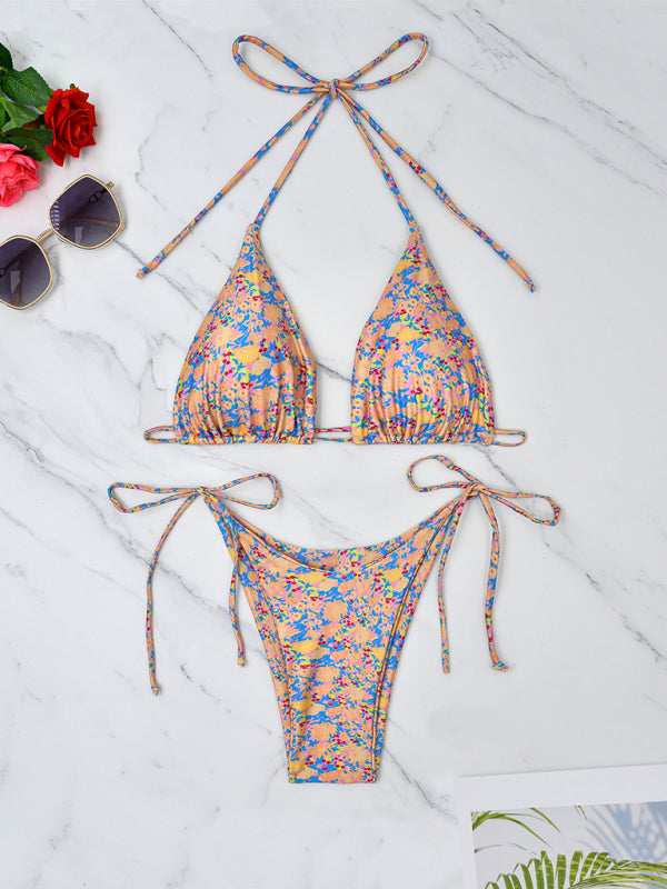 Small Floral Lace-up Pink Bikini Swimsuit