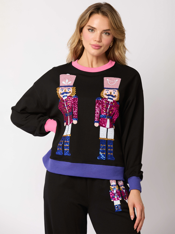 Christmas Soldier Sequins Color Block Sweatshirt & Sweatpants Set