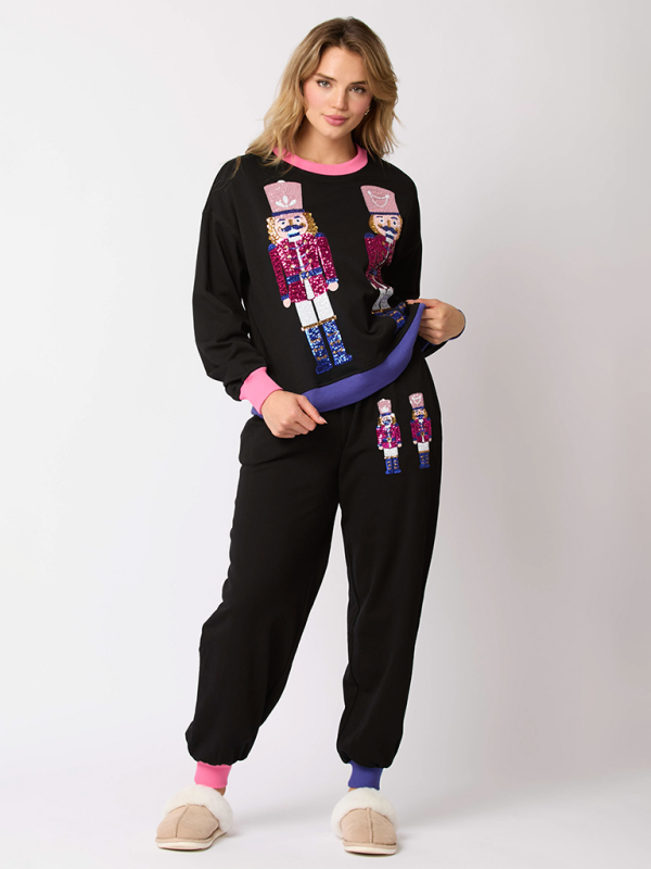 Christmas Soldier Sequins Color Block Sweatshirt & Sweatpants Set