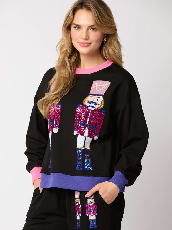 Christmas Soldier Sequins Color Block Sweatshirt & Sweatpants Set