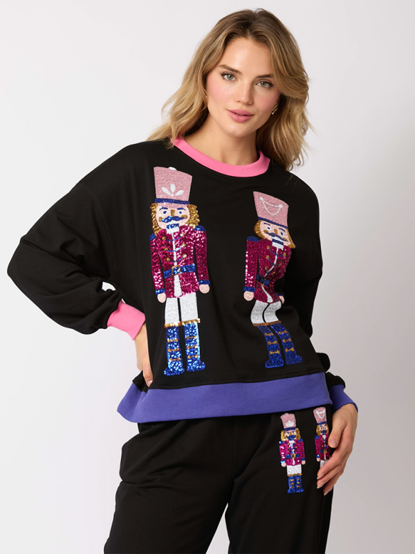 Christmas Soldier Sequins Color Block Sweatshirt & Sweatpants Set
