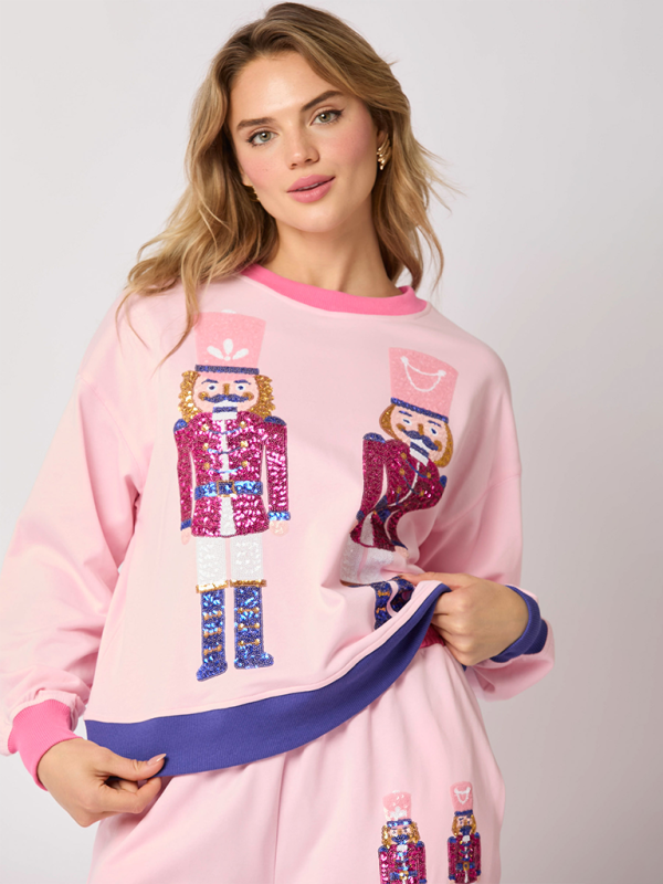 Christmas Soldier Sequins Color Block Sweatshirt & Sweatpants Set