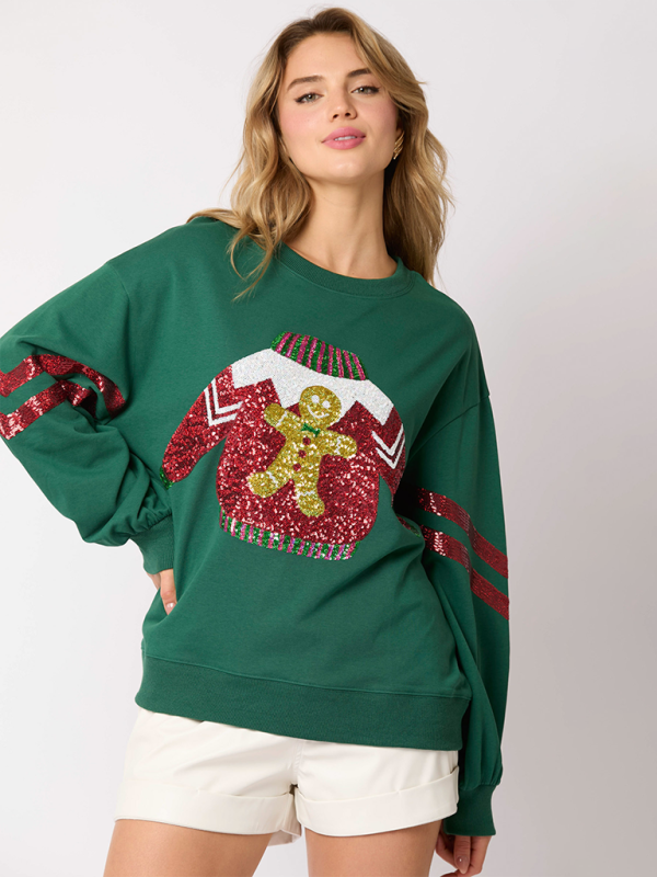 Christmas Sequins Round Neck Top Casual Sweatshirt