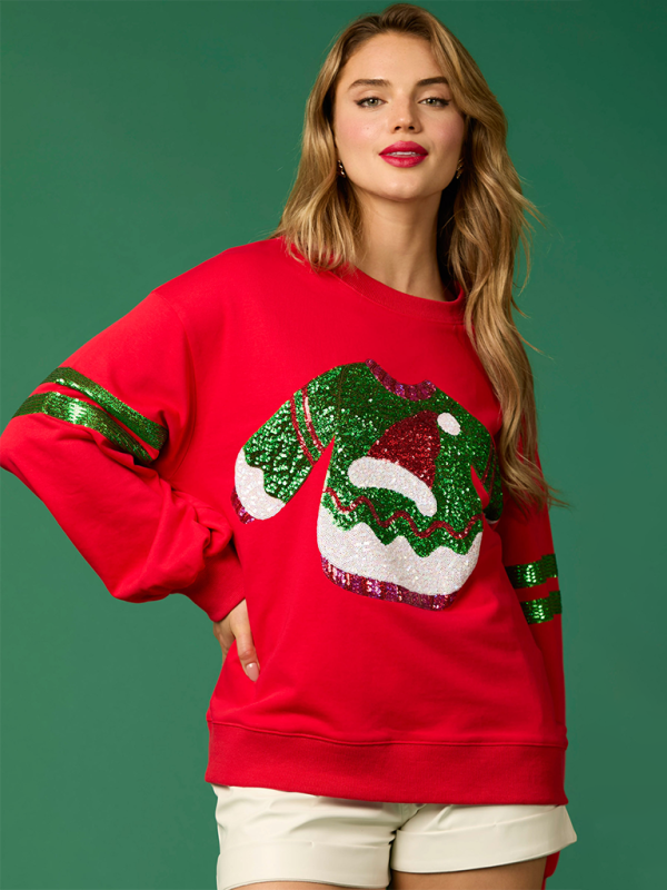 Christmas Sequins Round Neck Top Casual Sweatshirt