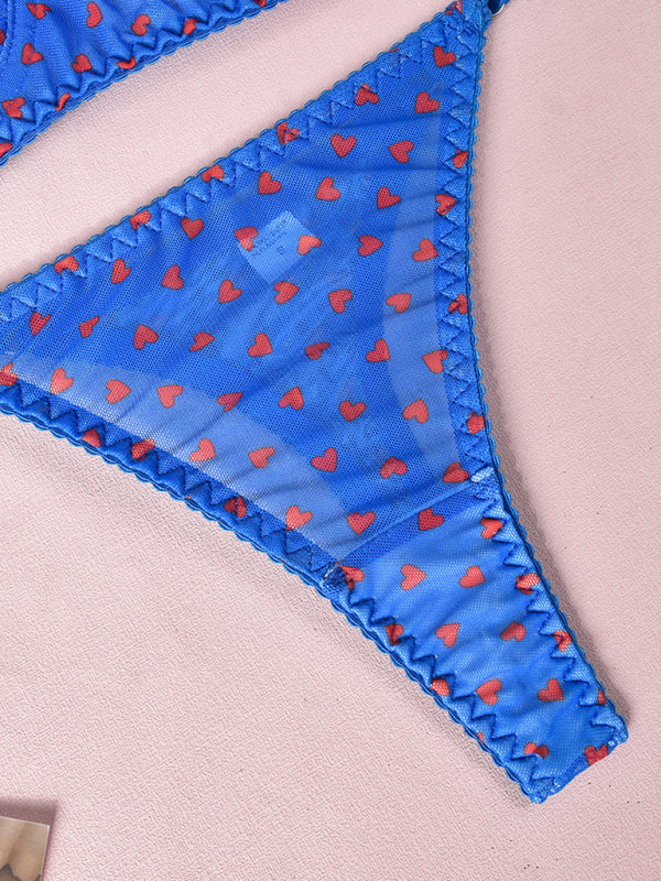 Valentine's Day Heart-shaped Print See-through Temptation Three-point Underwear Set