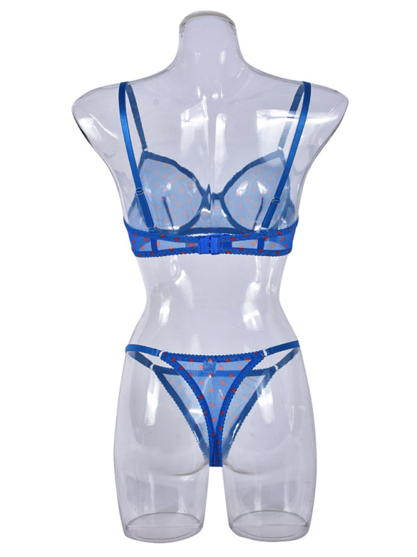 Valentine's Day Heart-shaped Print See-through Temptation Three-point Underwear Set