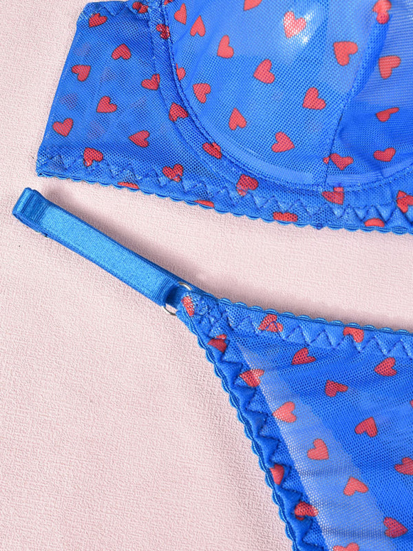 Valentine's Day Heart-shaped Print See-through Temptation Three-point Underwear Set