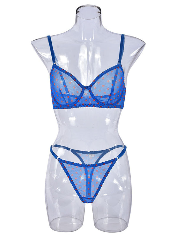 Valentine's Day Heart-shaped Print See-through Temptation Three-point Underwear Set