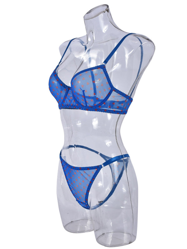 Valentine's Day Heart-shaped Print See-through Temptation Three-point Underwear Set