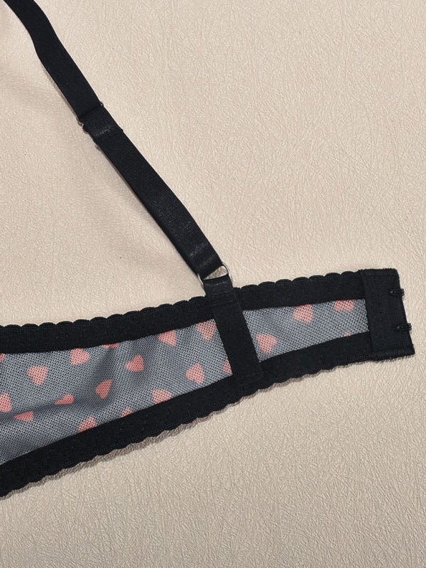 Valentine's Day Heart-shaped Print See-through Temptation Three-point Underwear Set
