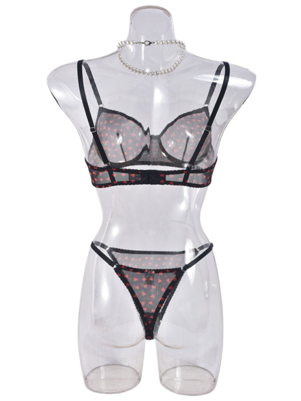Valentine's Day Heart-shaped Print See-through Temptation Three-point Underwear Set