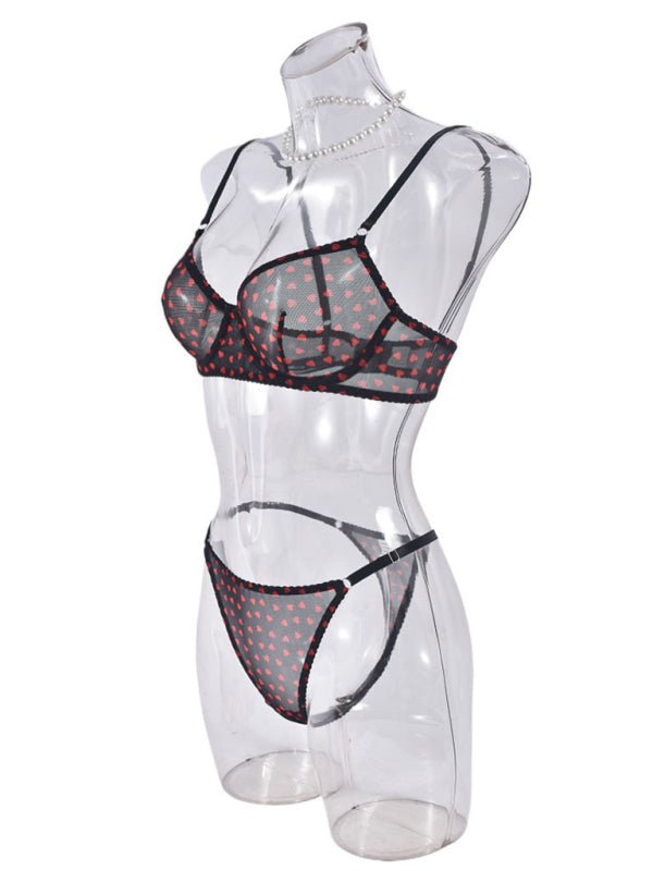 Valentine's Day Heart-shaped Print See-through Temptation Three-point Underwear Set
