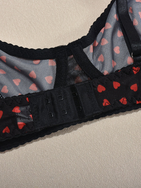 Valentine's Day Heart-shaped Print See-through Temptation Three-point Underwear Set