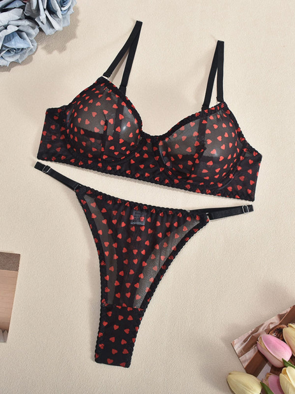 Valentine's Day Heart-shaped Print See-through Temptation Three-point Underwear Set