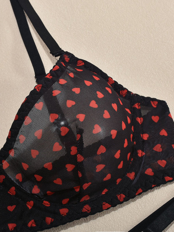 Valentine's Day Heart-shaped Print See-through Temptation Three-point Underwear Set
