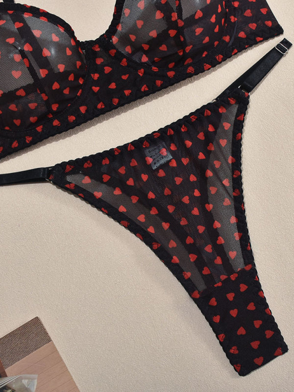 Valentine's Day Heart-shaped Print See-through Temptation Three-point Underwear Set