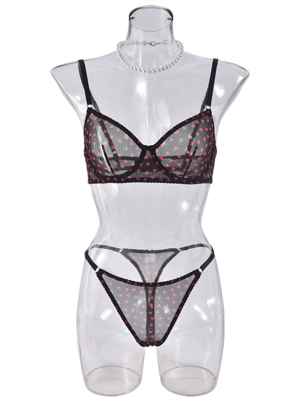 Valentine's Day Heart-shaped Print See-through Temptation Three-point Underwear Set