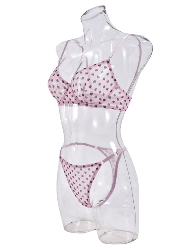 Valentine's Day Heart-shaped Print See-through Temptation Three-point Underwear Set