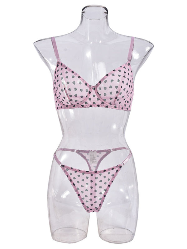 Valentine's Day Heart-shaped Print See-through Temptation Three-point Underwear Set