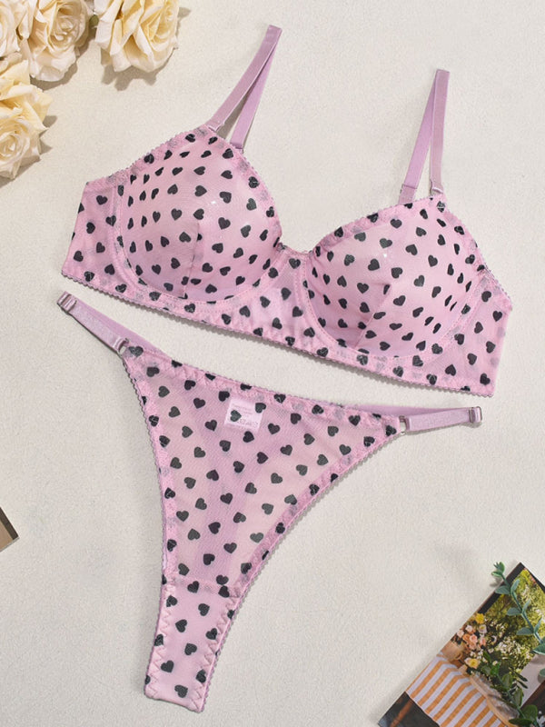 Valentine's Day Heart-shaped Print See-through Temptation Three-point Underwear Set