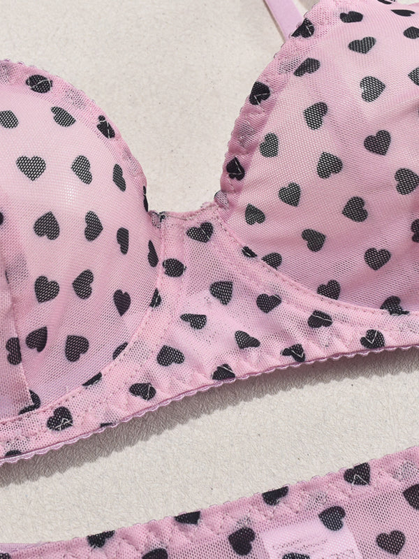 Valentine's Day Heart-shaped Print See-through Temptation Three-point Underwear Set