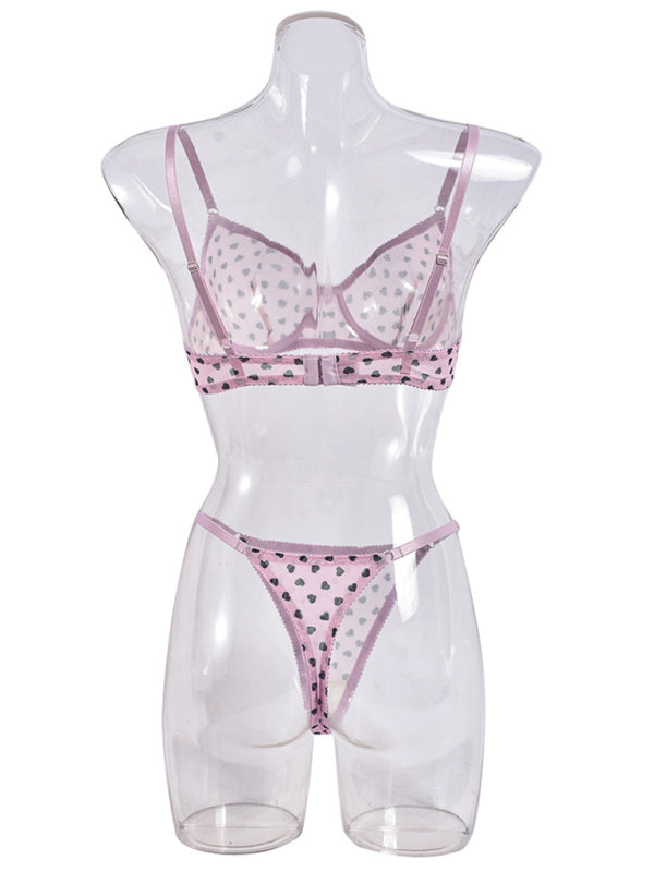 Valentine's Day Heart-shaped Print See-through Temptation Three-point Underwear Set